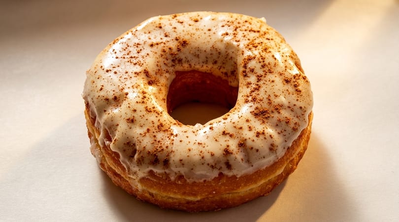 A cronut with white icing and a dusting of cinnamon sugar on a light background.