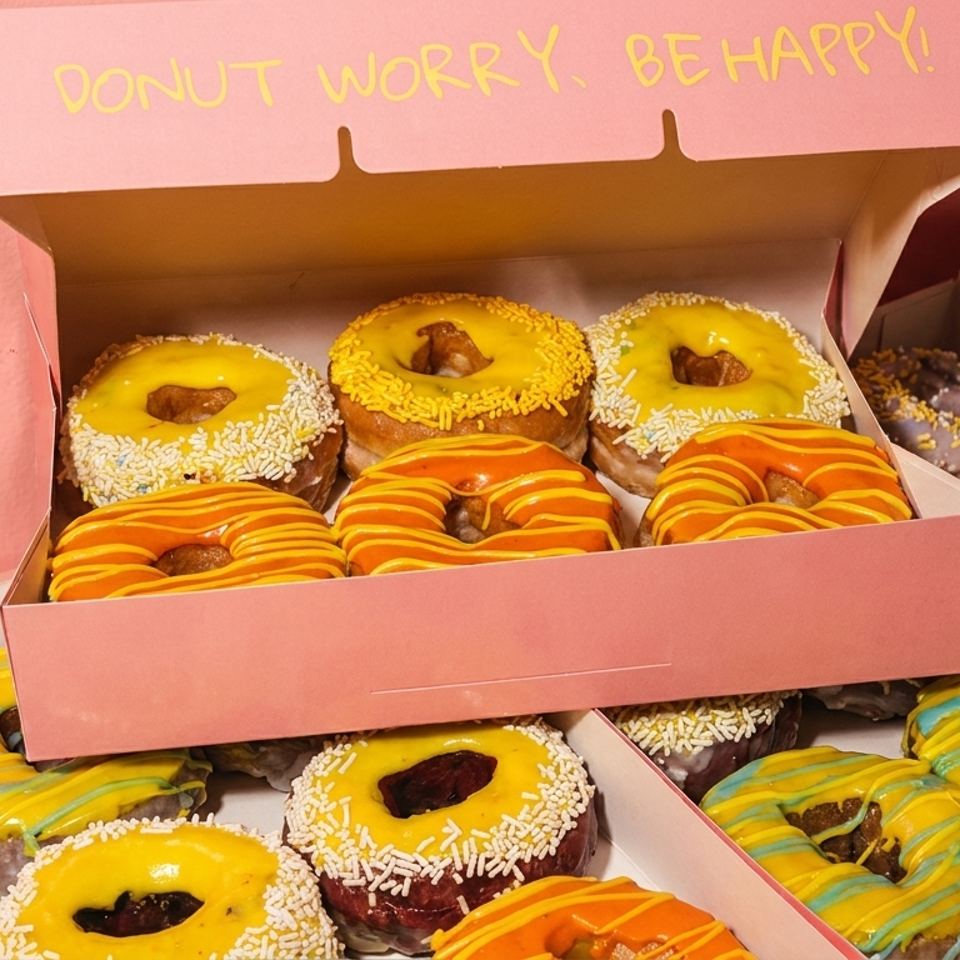 Pink boxes overflow with colorful donuts, some with yellow, orange, or blue icing and sprinkles.