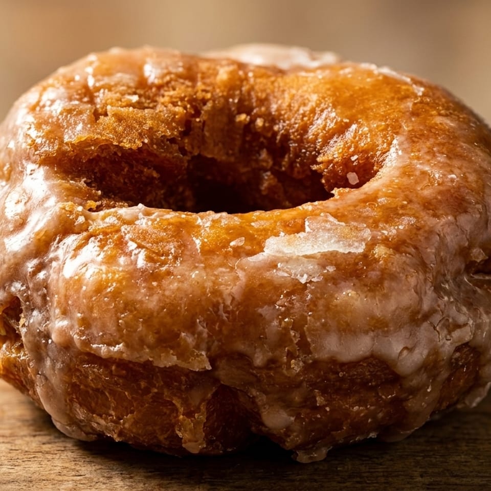 A close-up of a glazed old-fashioned donut resting on a rustic wooden surface.