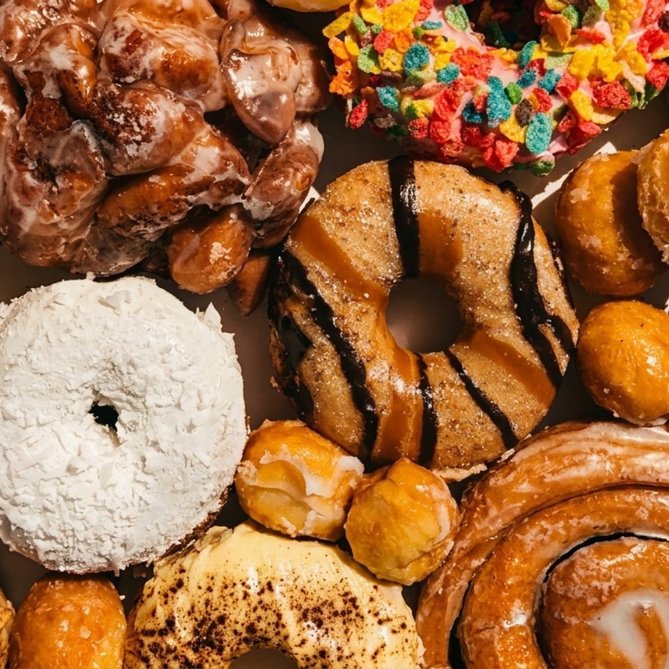 A close-up of various donuts and pastries, including chocolate, coconut, and cereal-topped.