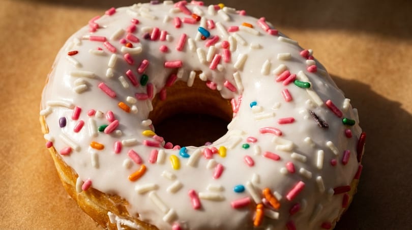 A close-up of a white-frosted donut with colorful sprinkles on a brown surface.
