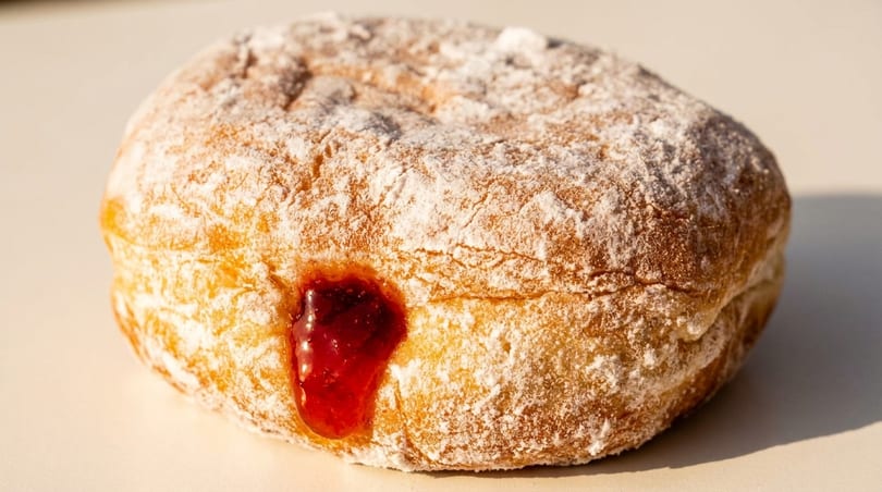 Powdered sugar donut with a dollop of red jelly filling oozing out, on a light surface.