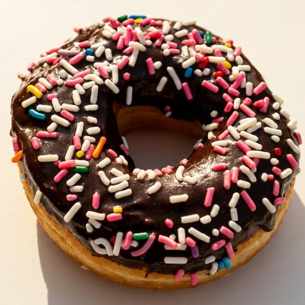 A chocolate-frosted donut with colorful sprinkles sits on a white surface.