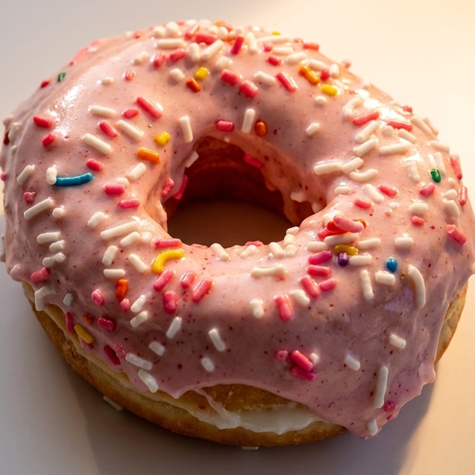 Pink frosted donut with colorful sprinkles on a white surface, casting a shadow.