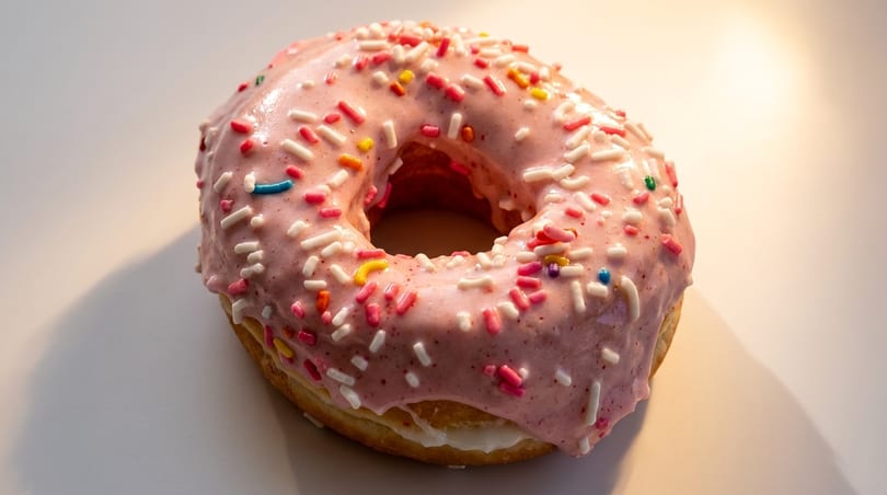 A pink-frosted donut with colorful sprinkles sits on a white surface, casting a soft shadow.