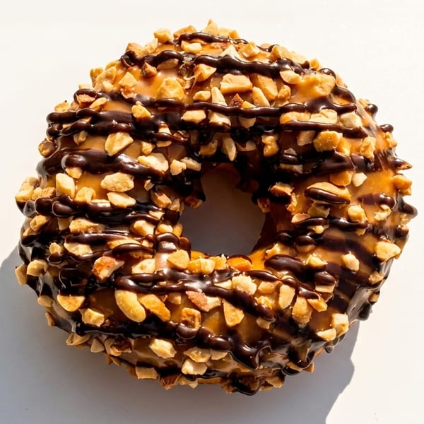 A peanut butter donut with chocolate drizzle and chopped peanuts on a white surface.