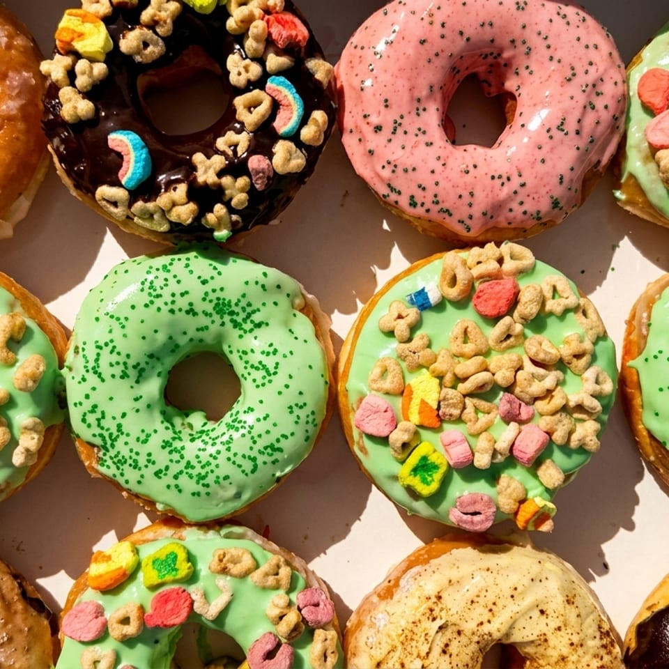 A box of colorful donuts with various toppings, including cereal, sprinkles, and frosting.